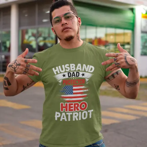 Husband, Dad, Protector, Hero, Patriot Short Sleeve T Shirt Yellow Pandora