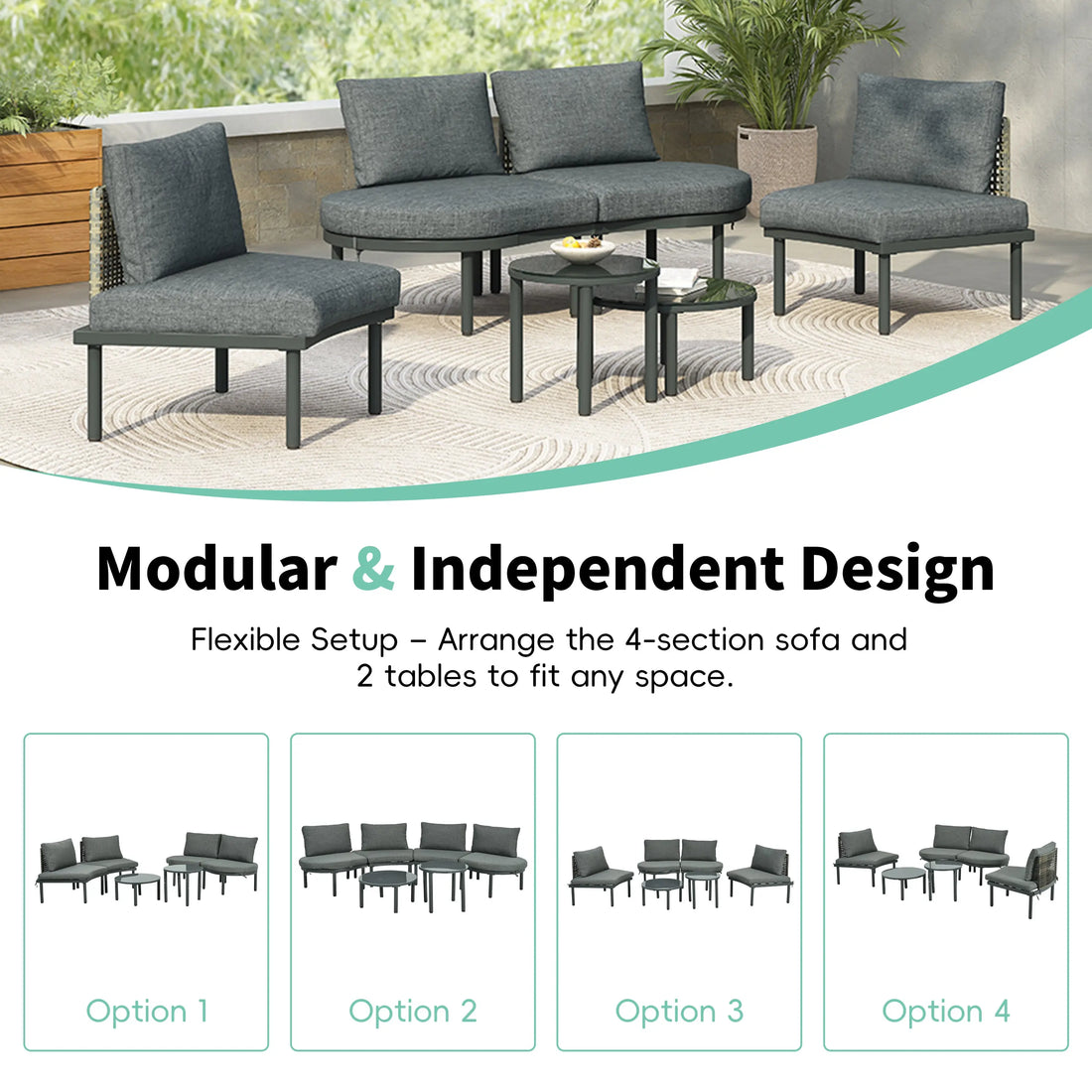 6-Piece Patio Sofa Furniture Set, Half Moon Outdoor Sectional Sofa Sangria Beech