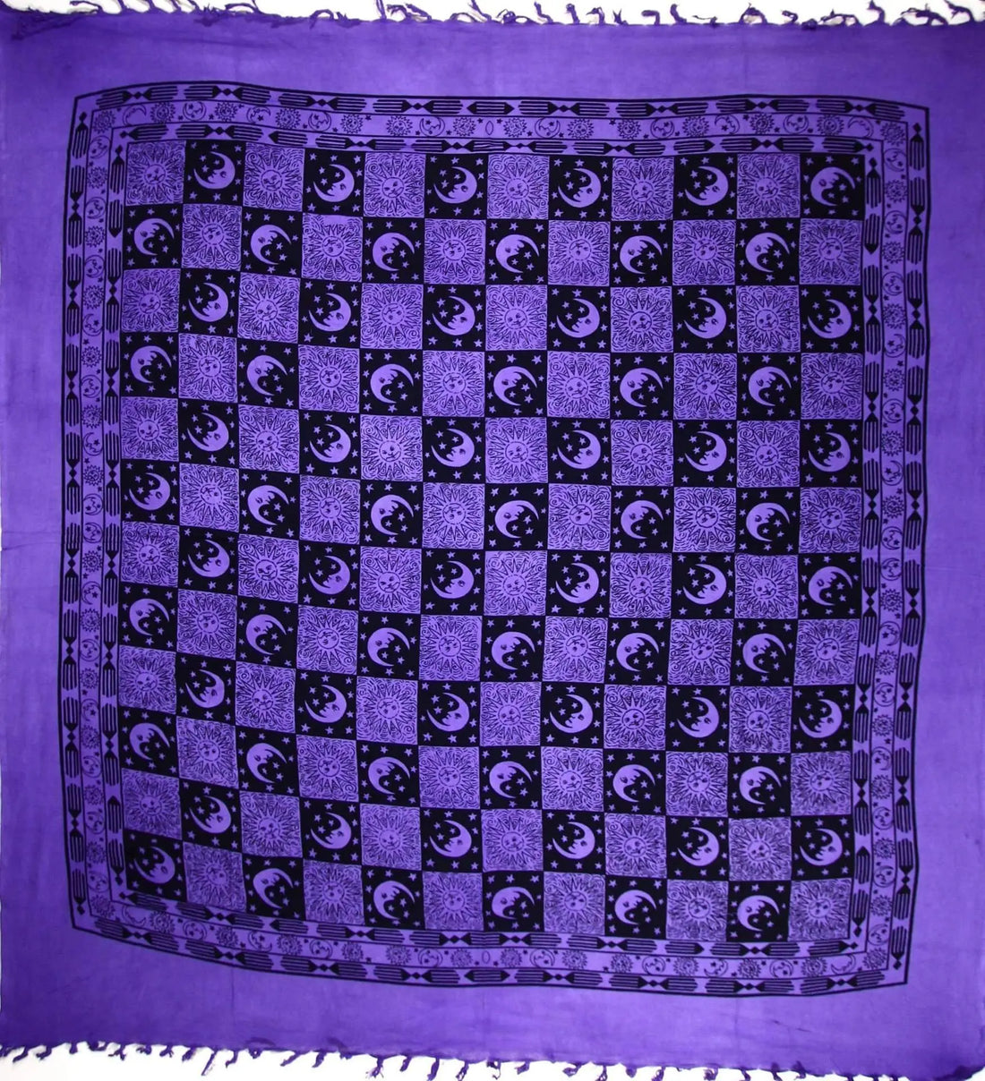 Checkered Sun &amp; Moon with Tassels Tapestry Silver Hestia