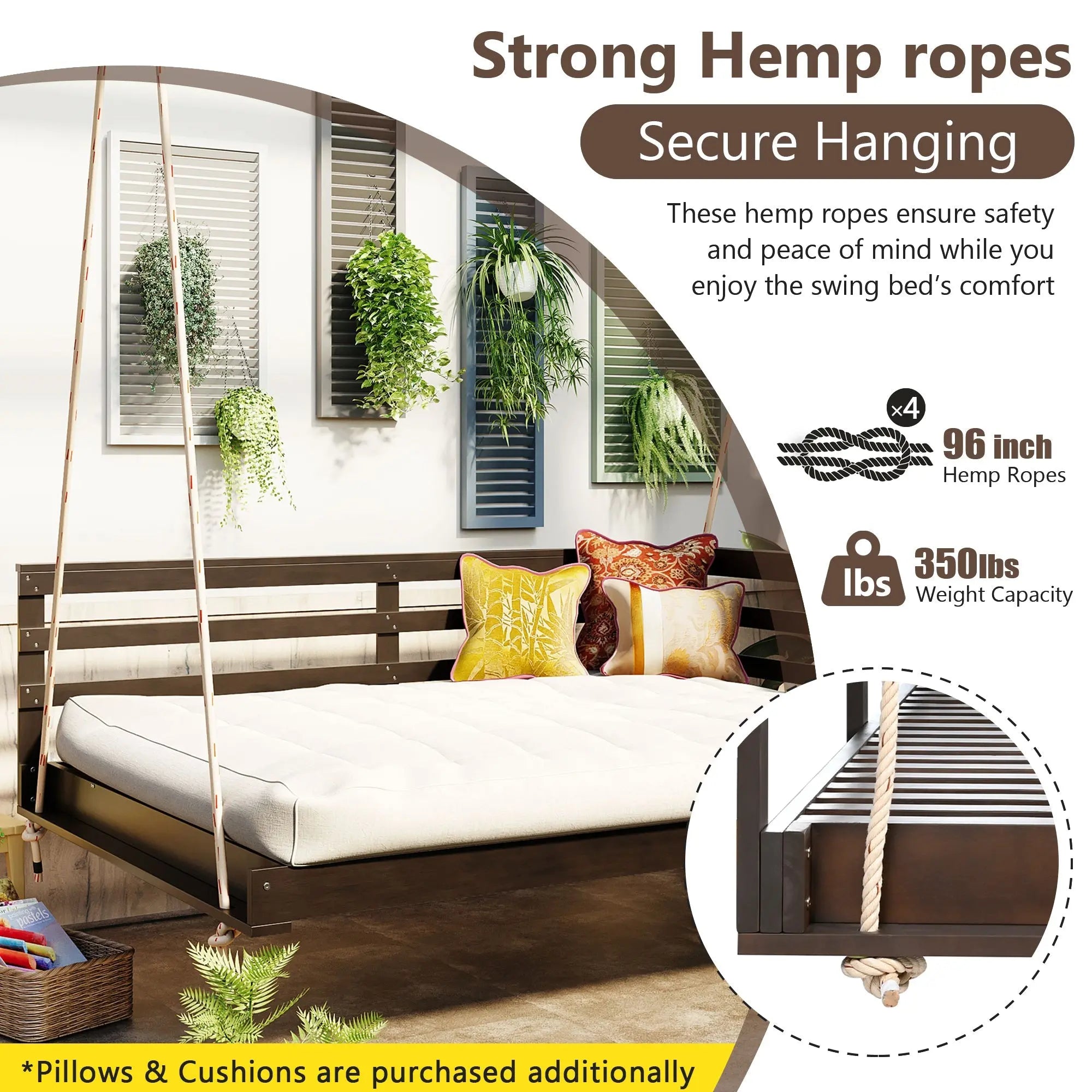 Acacia Wood Porch Swing Bed for Outdoor with Hemp Ropes - Full Size Sangria Beech