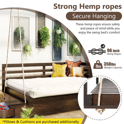 Acacia Wood Porch Swing Bed for Outdoor with Hemp Ropes - Full Size Sangria Beech
