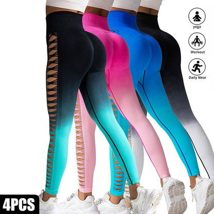 4 Pack Cut Out Ombre Gradient Color Hollow High-waist Butt-lifting Fitness Women&