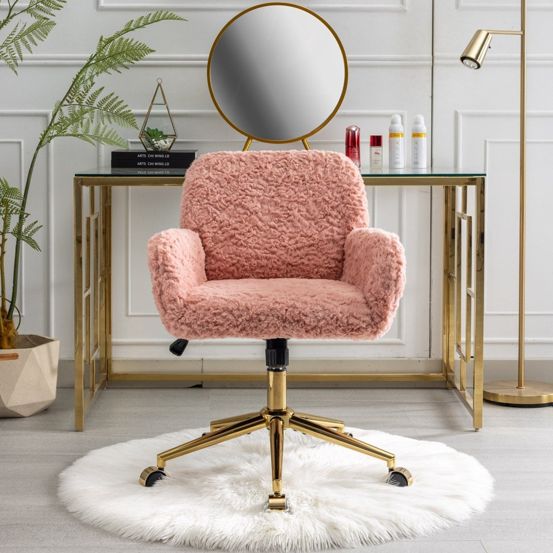 LuneluX_Home – Faux Fur Office Chair with Golden Base (Pink) Carmine Juneberry