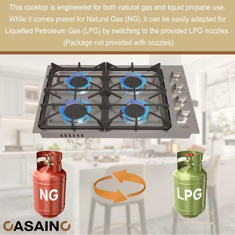 Built-In 30 In. Gas Cooktop in Stainless Steel with 4 Burners and LP Conversion Kit, CSA Certified