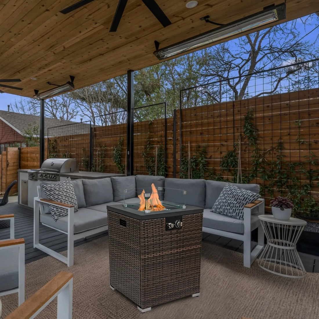 FlameHaven™ – Wicker Propane Fire Pit Column with Glass Wind Guard US Carmine Juneberry