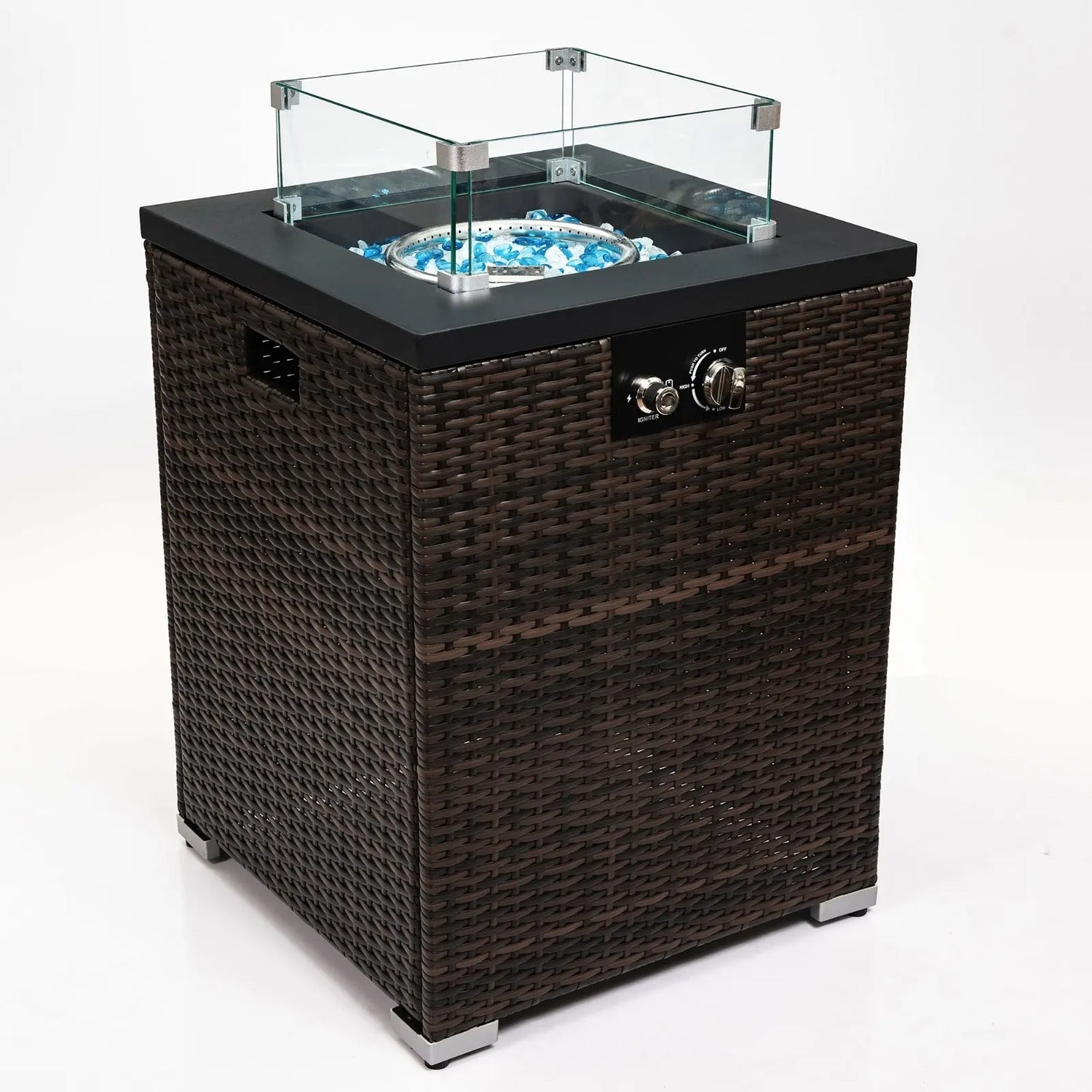 FlameHaven™ – Wicker Propane Fire Pit Column with Glass Wind Guard US Carmine Juneberry