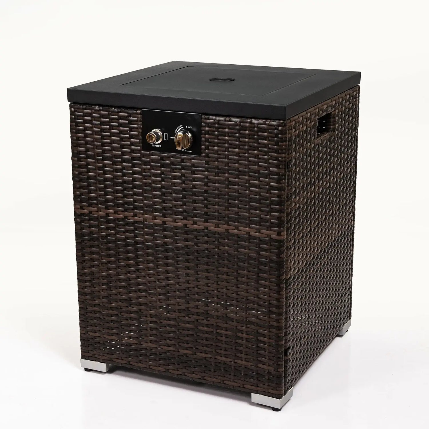 FlameHaven™ – Wicker Propane Fire Pit Column with Glass Wind Guard US Carmine Juneberry