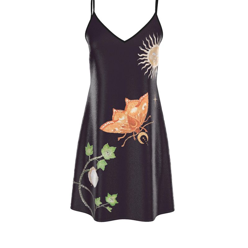 Vela Silk Slip Dress in Black Jungle Butterfly Violet Apollo
