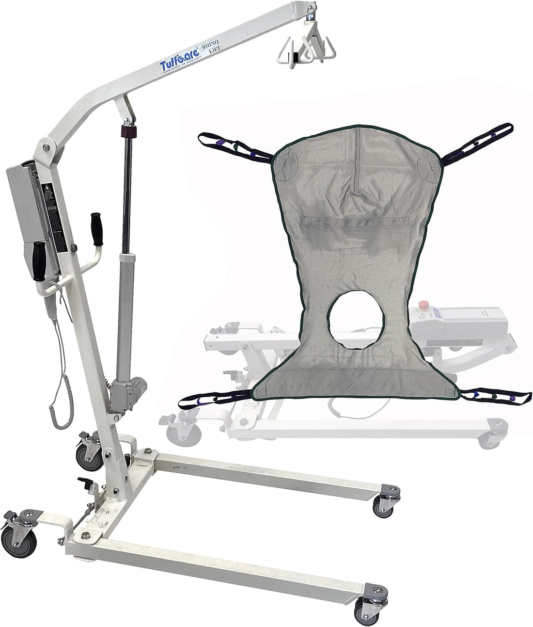 Electric Patient Lift - Rhino Lift with Manual Low Base - with Shower Full Sling(Medium), 450 Lb. Weight Capacity.