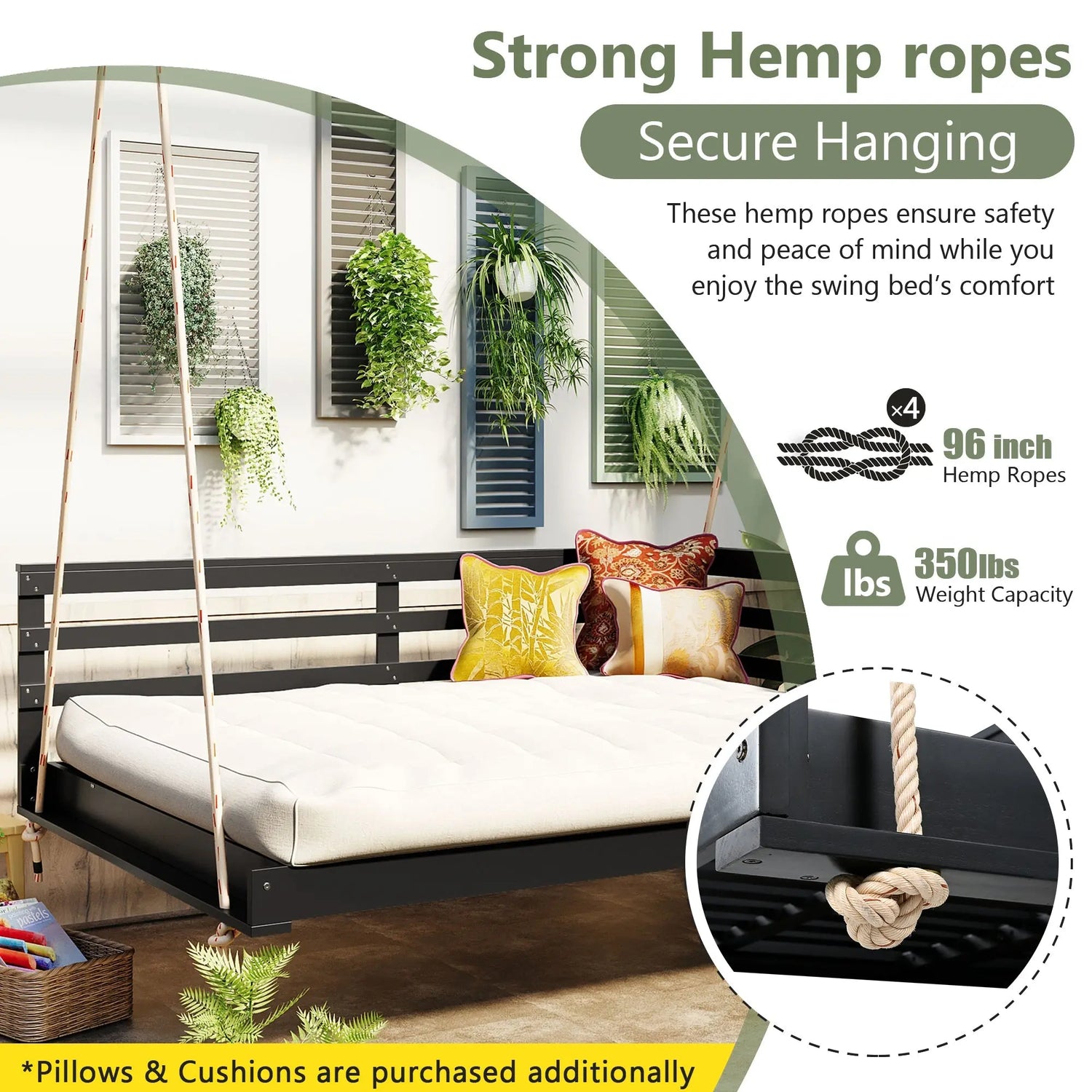 Acacia Wood Porch Swing Bed for Outdoor with Hemp Ropes - Full Size Sangria Beech