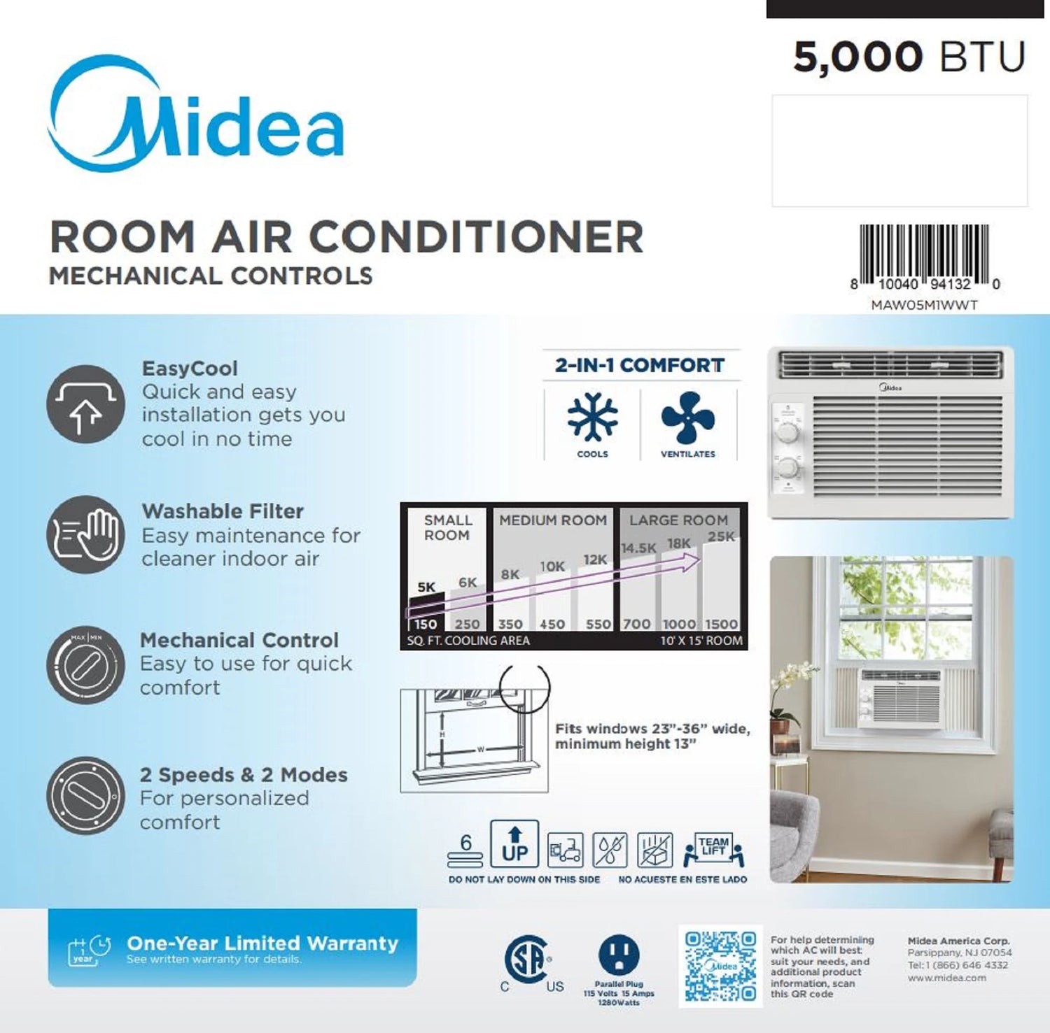 5,000 BTU Mechanical Window Air Conditioner for 150 Sq Ft, White, Model MAW05M1WWT, Brand New