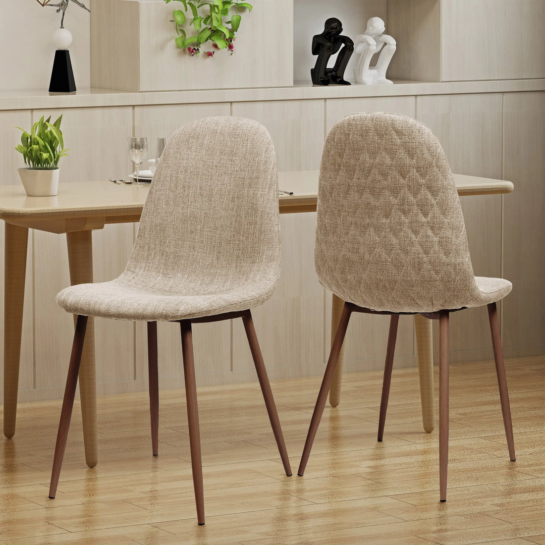 Elegant Wheat Fabric Dining Chair Set with Iron Legs and Dark Walnut Sangria Beech