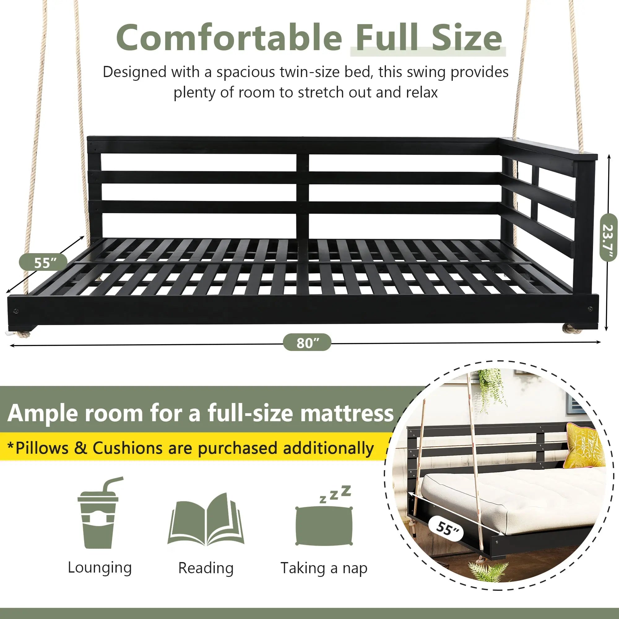 Acacia Wood Porch Swing Bed for Outdoor with Hemp Ropes - Full Size Sangria Beech