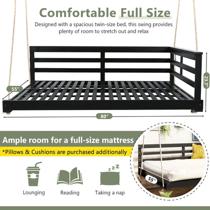 Acacia Wood Porch Swing Bed for Outdoor with Hemp Ropes - Full Size Sangria Beech