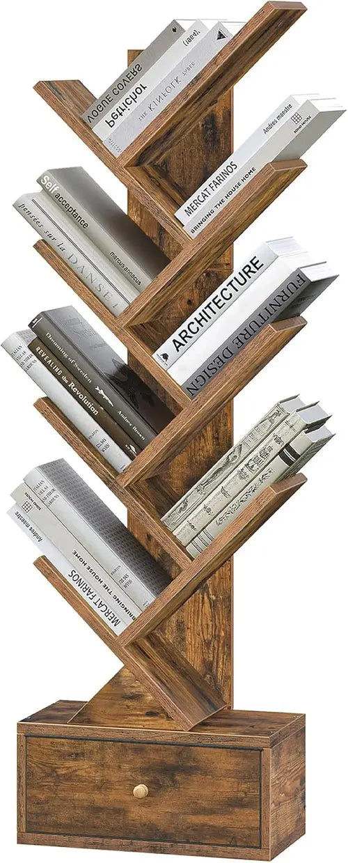 9 Tier Tree Book Shelf with Drawer, Floor Standing Bookshelf Storage Peach Maple