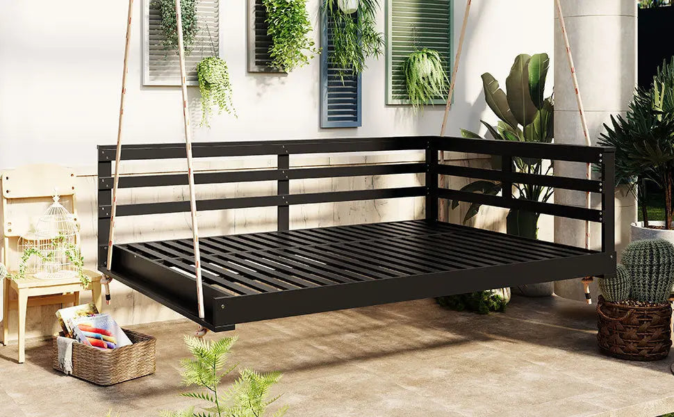 Acacia Wood Porch Swing Bed for Outdoor with Hemp Ropes - Full Size Sangria Beech