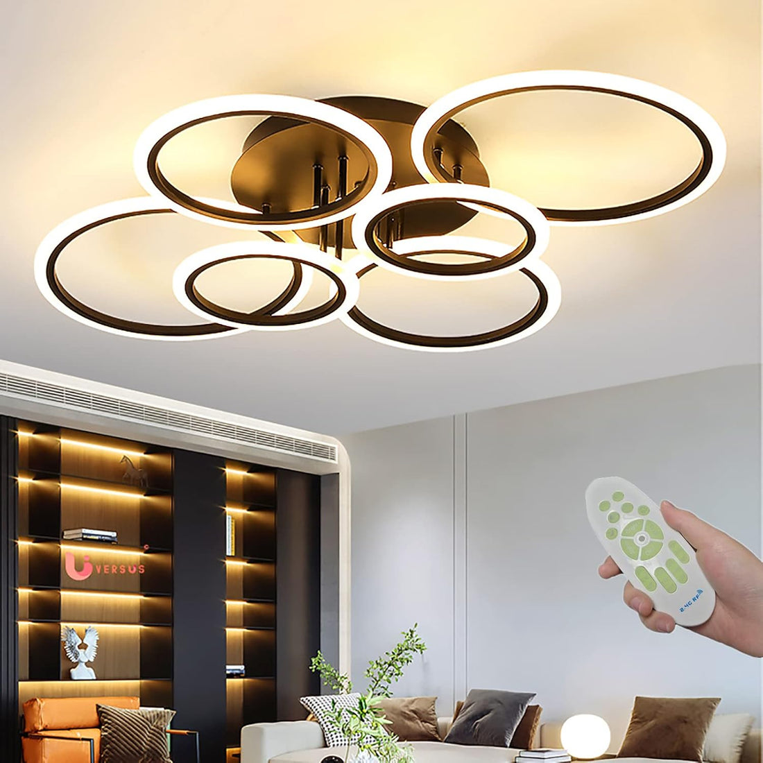 Modern LED Ceiling Light Fixture, 6 Rings Modern Ceiling Lamp, Remote Control Stepless Dimmable Black Modern Led Chandelier, Lamparas De Techo Modernas, for Livingroom, Bedroom, Diningroom