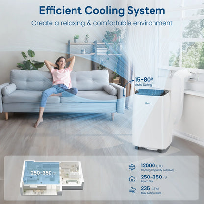 12000 BTU (ASHRAE) Portable Air Conditioners for Baseroom up to 300 Sq.Ft, with Cooler, Dehumidifier and Fan, 6550BTU (SACC) White