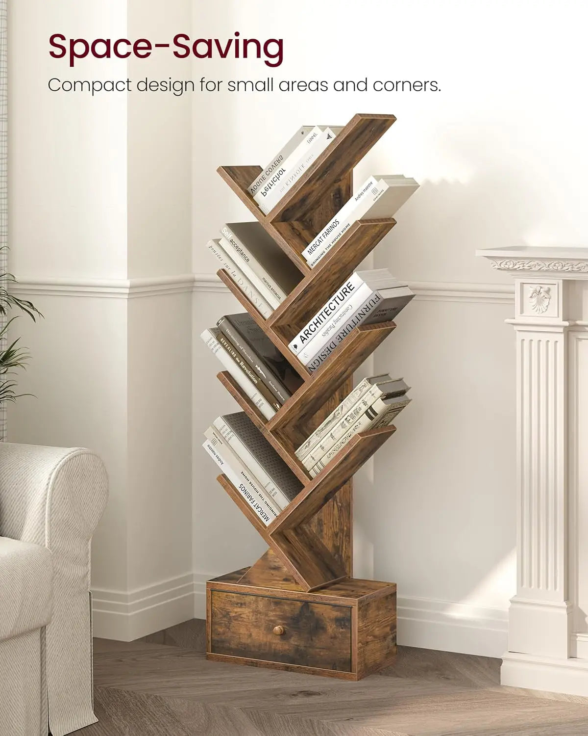 9 Tier Tree Book Shelf with Drawer, Floor Standing Bookshelf Storage Peach Maple