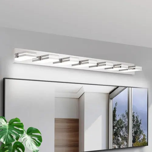 Modern Chrome LED Vanity Light, 7-Lights Wall Sconce for Bathroom and Sangria Beech