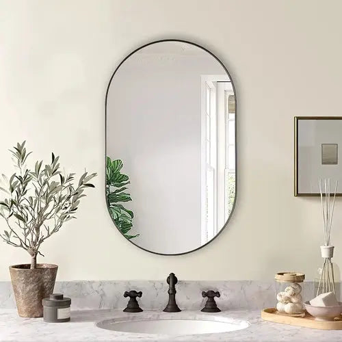 Black 20 x 33 Inch Metal Oval  Mirror Sangria Beech