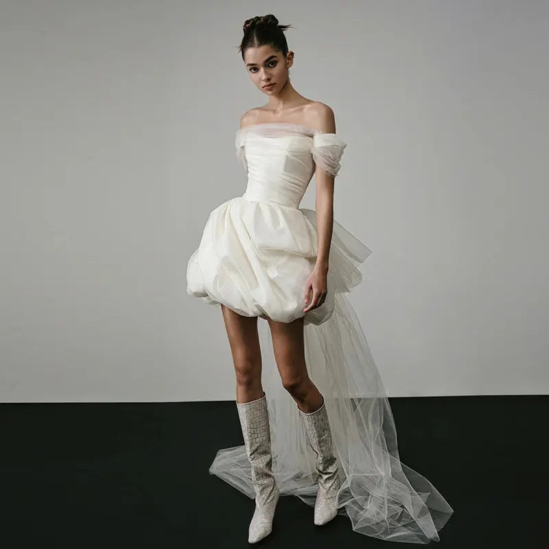 Off-shoulder Light Wedding Dress White Short Crimson Medea