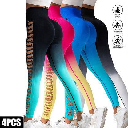 4 Pack Cut Out Ombre Gradient Color Hollow High-waist Butt-lifting Fitness Women&