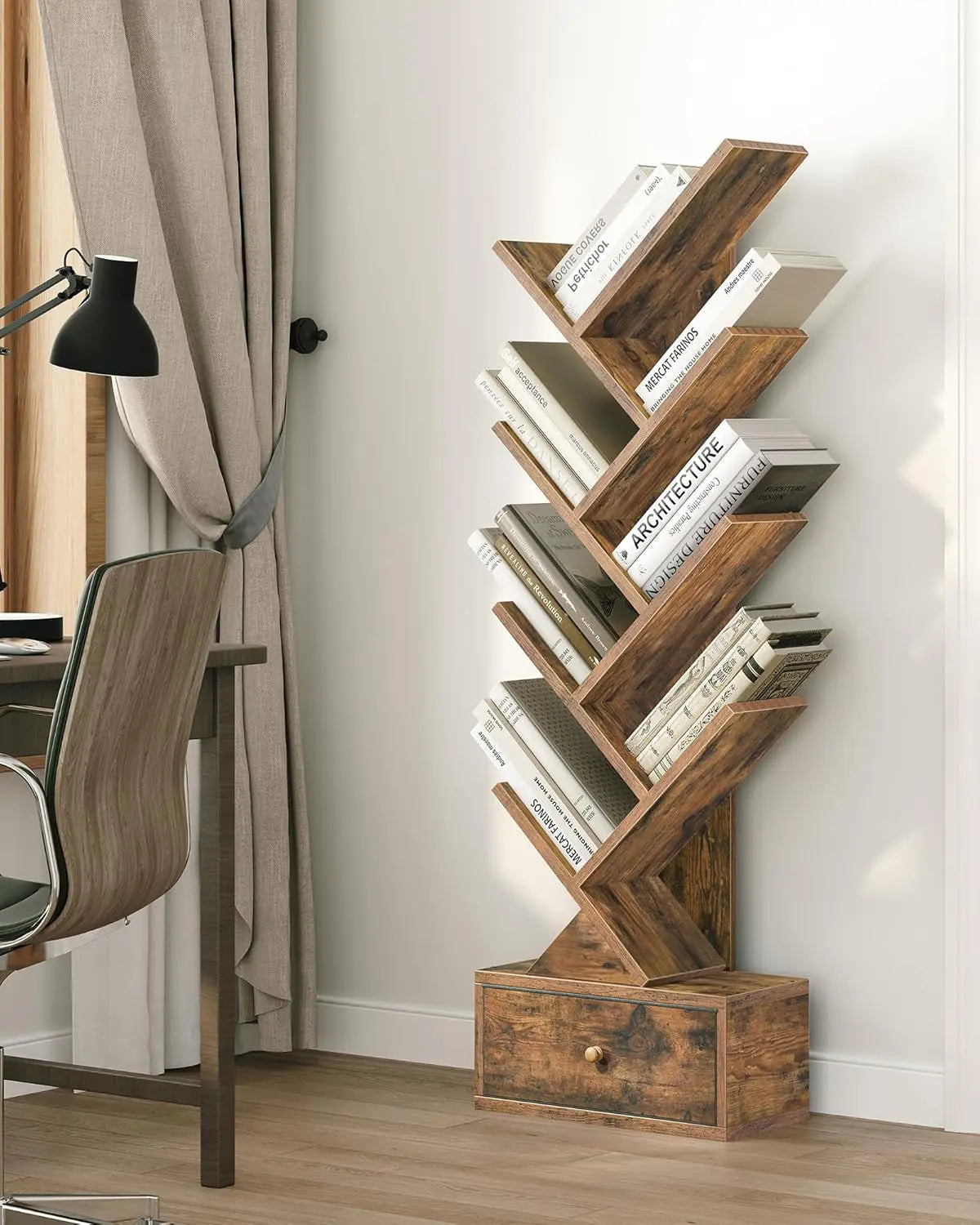9 Tier Tree Book Shelf with Drawer, Floor Standing Bookshelf Storage Peach Maple