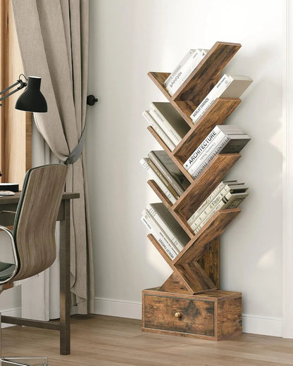 9 Tier Tree Book Shelf with Drawer, Floor Standing Bookshelf Storage Peach Maple