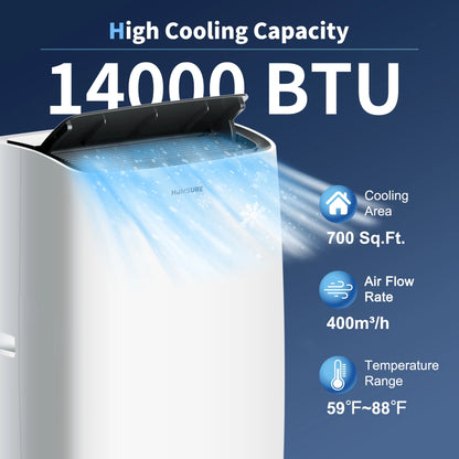 Portable Air Conditioner 14000 BTU, Suitable for 420 Sq Ft of Rooms, Floor Standing Air Conditioning AC Unit with Remote Control and Installation Kit, 5-In-1 Function