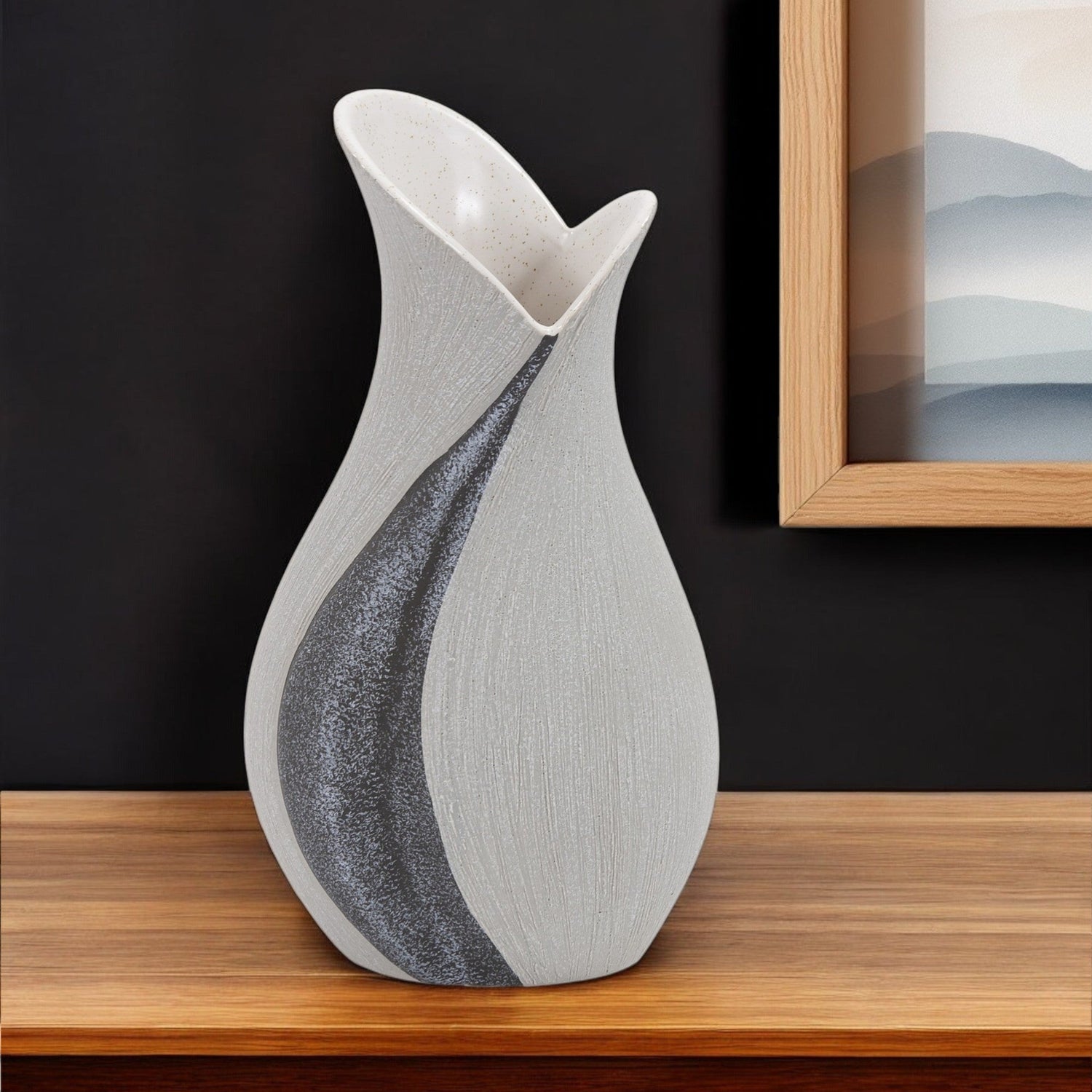 10&quot; Gray and Off White Tulip Ceramic Table Vase With Sequins White Diomedes