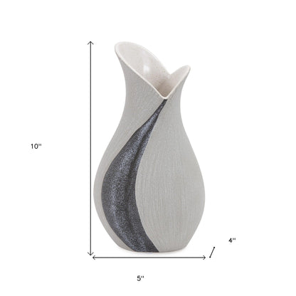 10&quot; Gray and Off White Tulip Ceramic Table Vase With Sequins White Diomedes