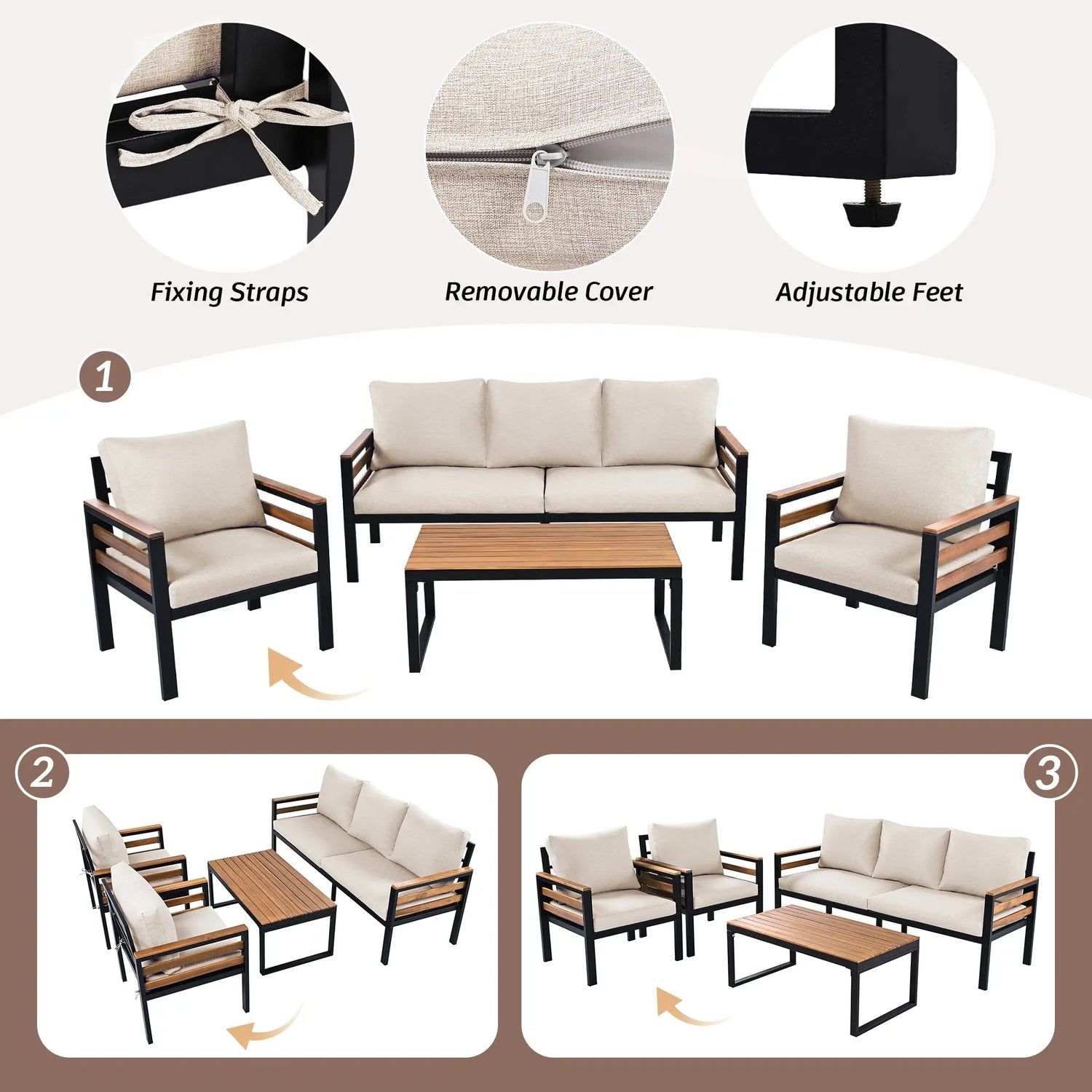 4-Piece Outdoor Furniture Sofa Set for 5 People with Acacia Wood Sangria Beech