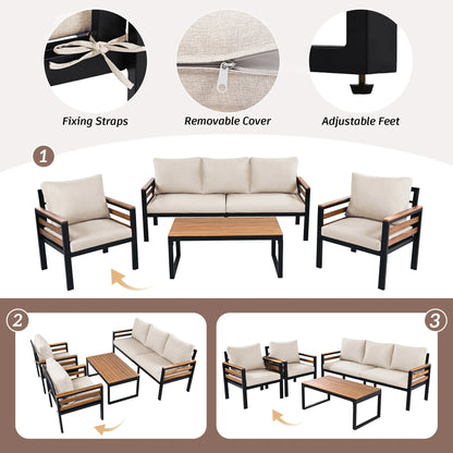 4-Piece Outdoor Furniture Sofa Set for 5 People with Acacia Wood Sangria Beech