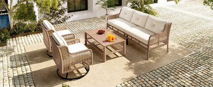 4 Pieces Patio Furniture Set with Swivel Chairs, Outdoor Wicker Sofas Sangria Beech