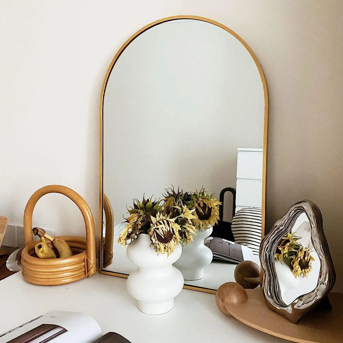 24x36 Inch Gold Metal Framed Arched Bathrrom Mirror for Wall. Sangria Beech
