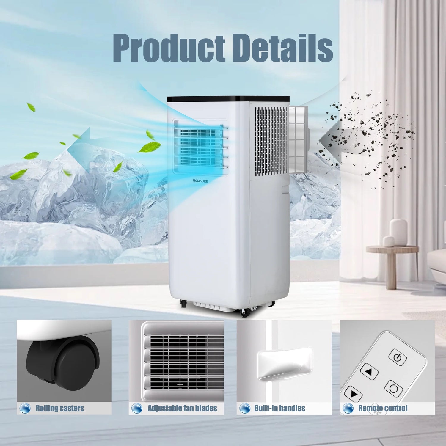 Portable Air Conditioners 10000 BTU, Room Air Conditioning, Portable AC Unit with Remote Control, Cooling, Dehumidifier and Fan, Automatic, Sleep 5 Mode Floor Air Conditioner