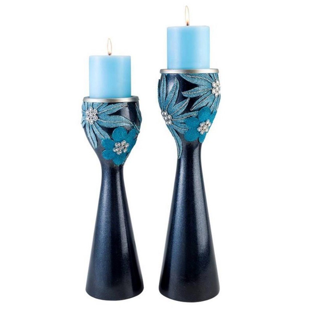Set Of Two Navy and Aqua Floral Bling Candle Holders with Candles White Diomedes