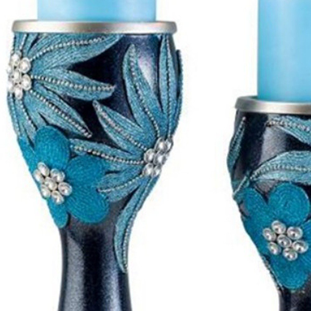 Set Of Two Navy and Aqua Floral Bling Candle Holders with Candles White Diomedes