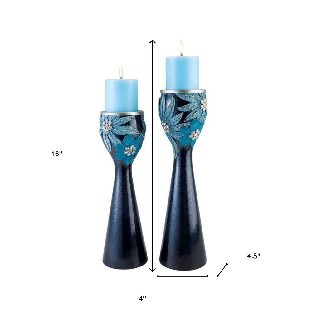 Set Of Two Navy and Aqua Floral Bling Candle Holders with Candles White Diomedes