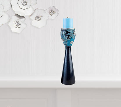 Set Of Two Navy and Aqua Floral Bling Candle Holders with Candles White Diomedes