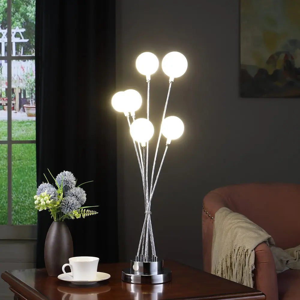 28&quot; Silver Chrome Six Light Globe Desk or Table Lamp White Diomedes