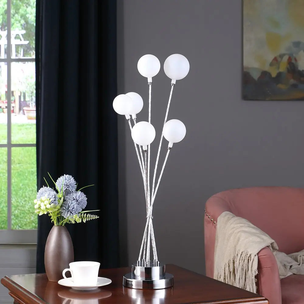 28&quot; Silver Chrome Six Light Globe Desk or Table Lamp White Diomedes