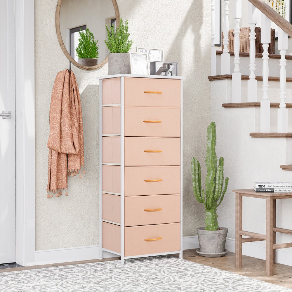 18&quot; Pink and White Steel and Fabric Six Drawer Chest White Diomedes