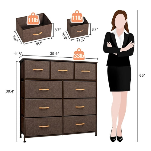 39&quot; Brown Steel and Fabric Nine Drawer Triple Dresser White Diomedes