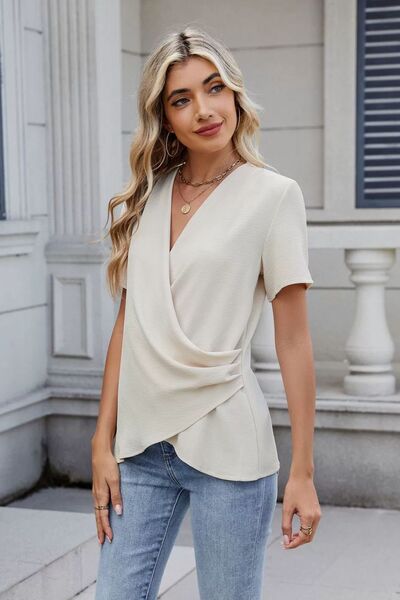 Out of State - Solid Color Surplice Short Sleeve Blouse Jade Icarus