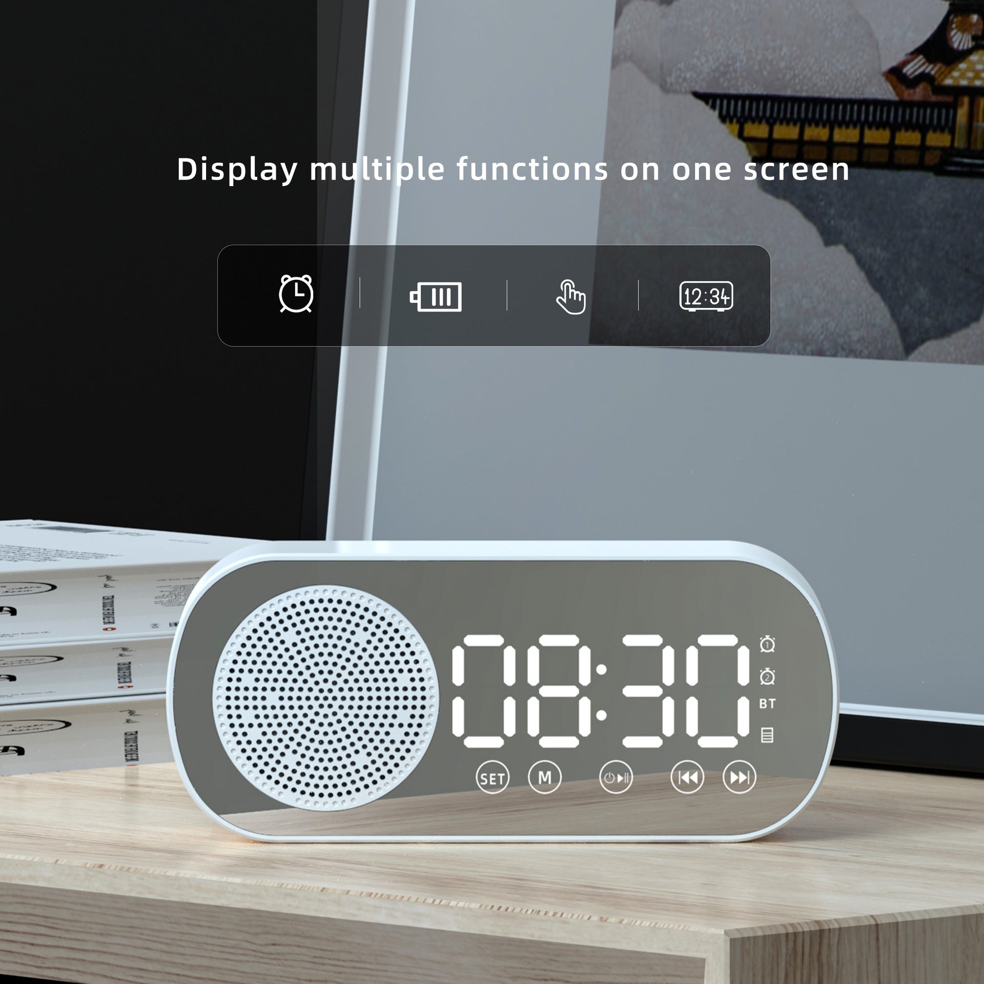 Music Alarm Clocks Mirror FM Radio LED Bluetooth Speaker Maroon Asteria