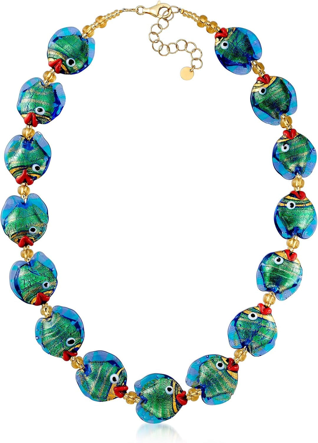 Italian Multicolored Murano Glass Fish Necklace with 18Kt Gold over Sterling. 18 Inches