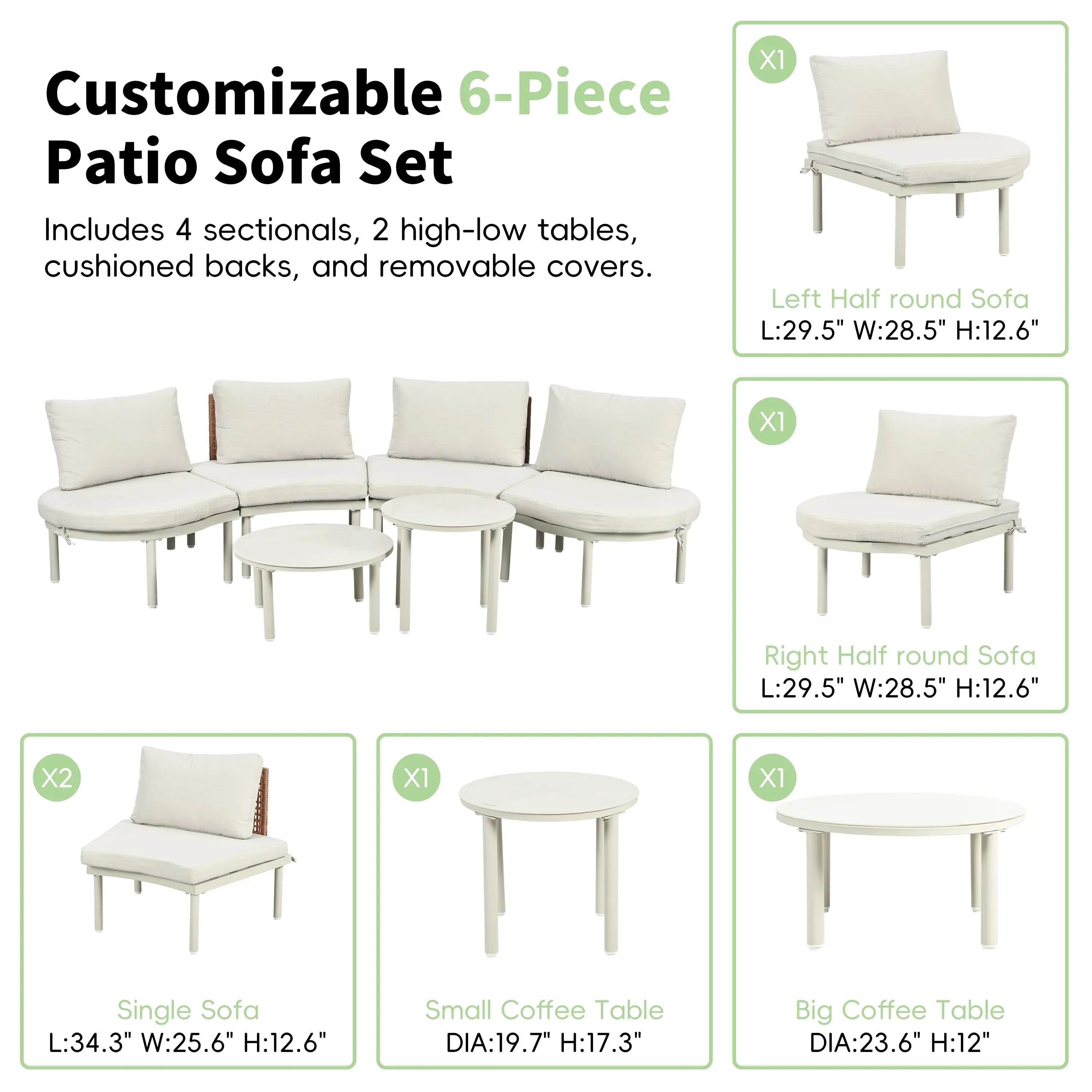 6-Piece Patio Sofa Furniture Set, Half Moon Outdoor Sectional Sofa Sangria Beech