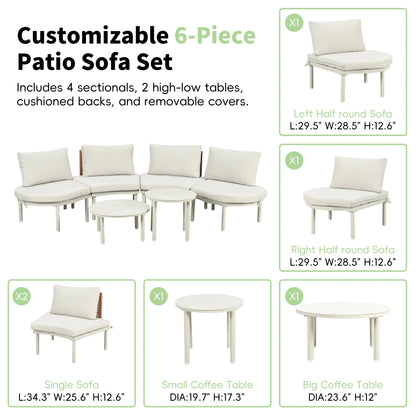 6-Piece Patio Sofa Furniture Set, Half Moon Outdoor Sectional Sofa Sangria Beech